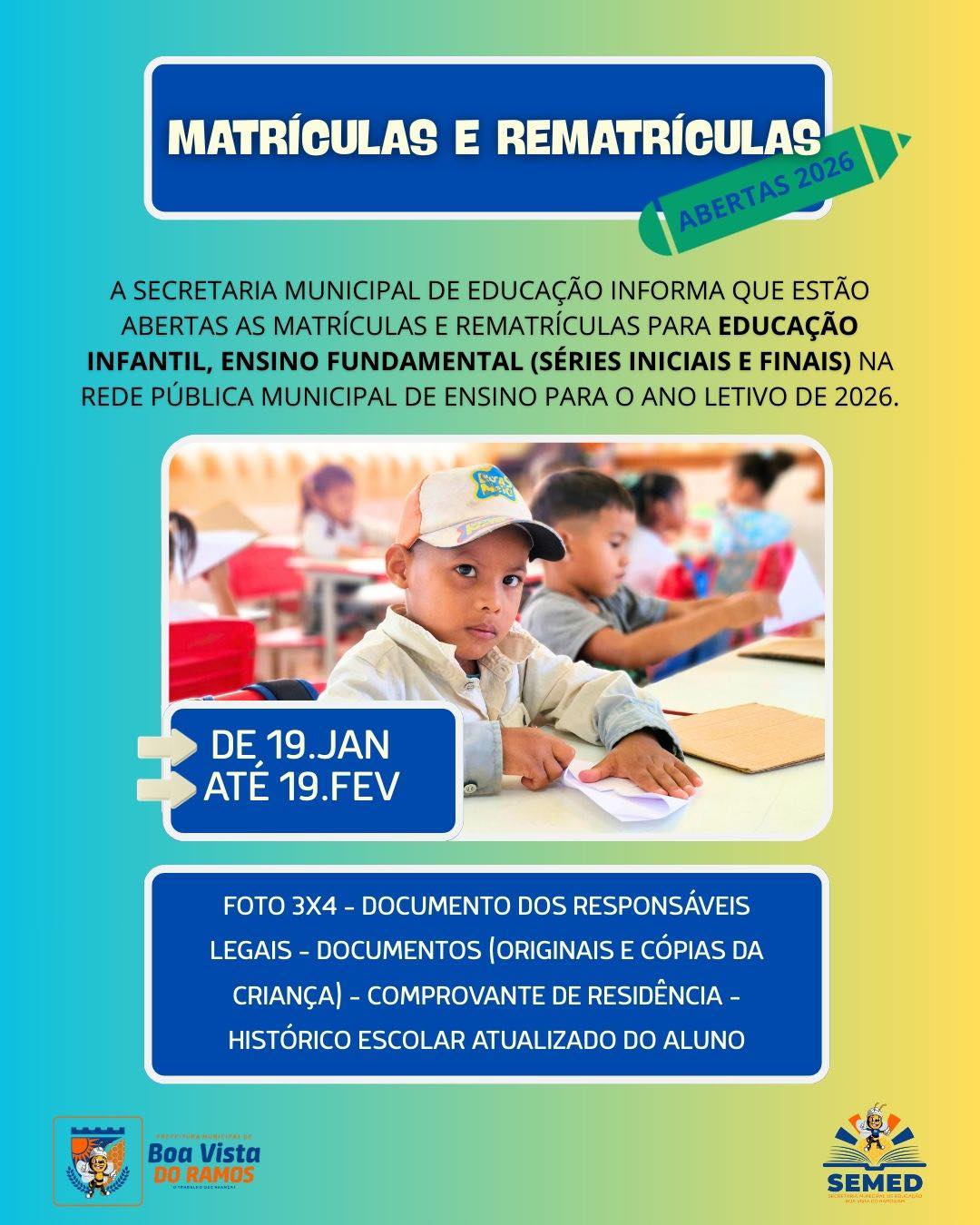 Imagem do aviso MATRÍCULAS E REMATRÍCULAS ABERTAS 2026