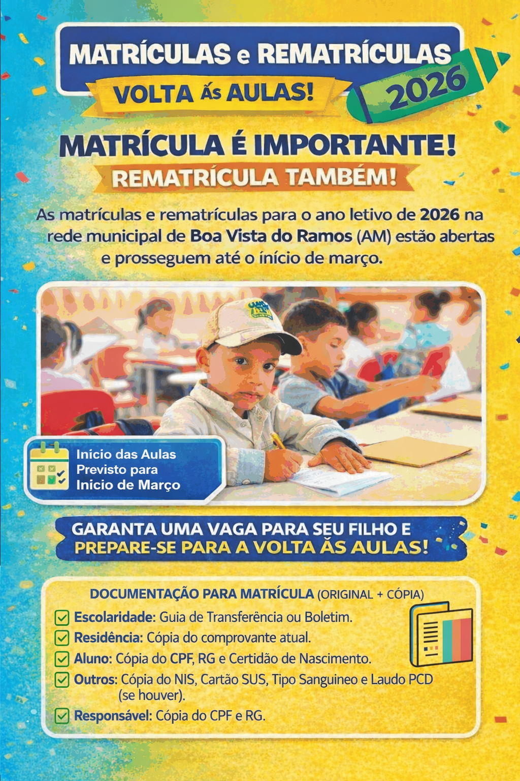 Imagem do aviso MATRÍCULAS E REMATRÍCULAS ABERTAS 2026